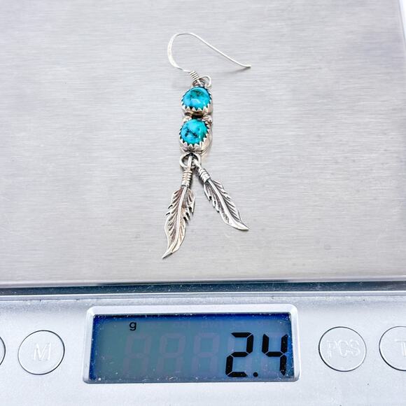 Turquoise Feather Single Dangle Earring | Southwest Vintage Sterling Silver 925 - Picture 7 of 7